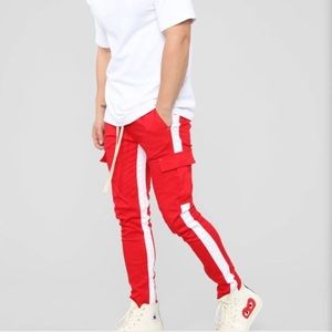 Red and white drawstring cargo pants